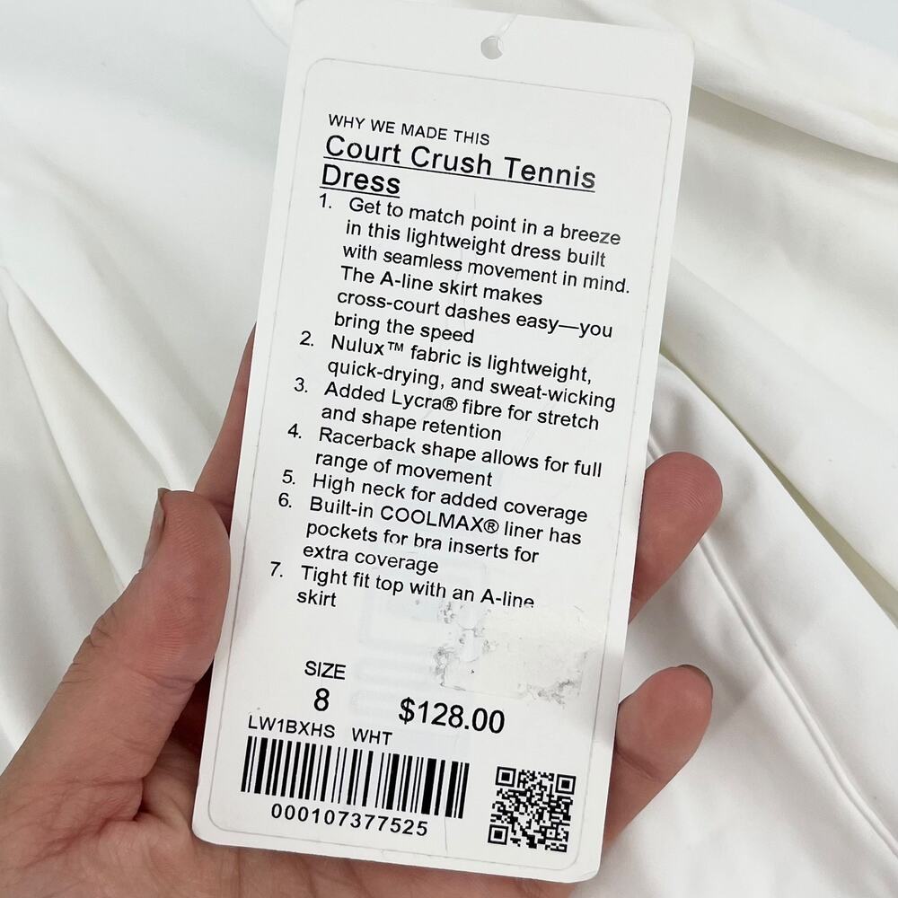 LULULEMON Court Crush Tennis Dress White Nulux Quick Dry Lined Pockets 8 - Picture 8 of 8